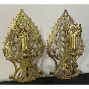 Vintage Pair Of Brass Wall Hanging Candle Sconces Gothic Revival By Baldwin